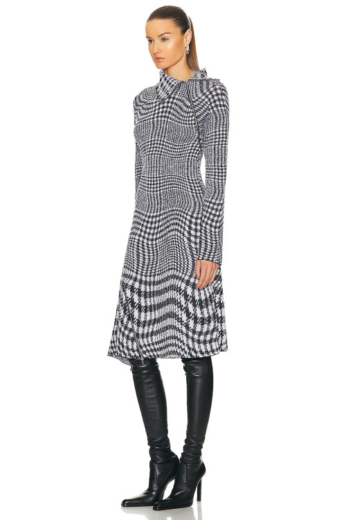 New Winter Autumn Fashion High Neck Zipper Up Checked Wool Long Sleeve Dress