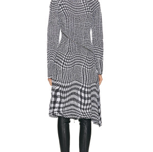 New Winter Autumn Fashion High Neck Zipper Up Checked Wool Long Sleeve Dress