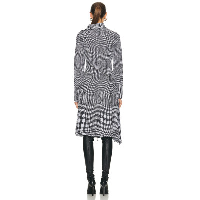 New Winter Autumn Fashion High Neck Zipper Up Checked Wool Long Sleeve Dress
