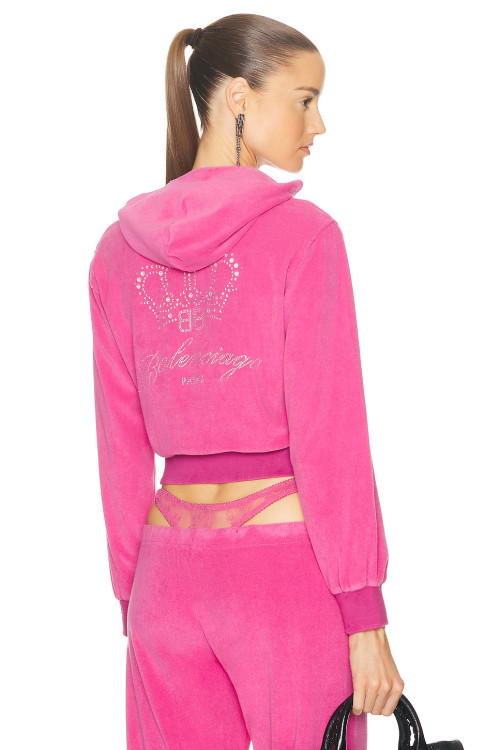 Women Custom OEM Logo velour tracksuit zip up pink hoodie joggers set rhinestone logo