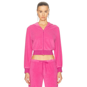 Women Custom OEM Logo velour tracksuit zip up pink hoodie joggers set rhinestone logo