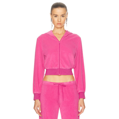 Women Custom OEM Logo velour tracksuit zip up pink hoodie joggers set rhinestone logo