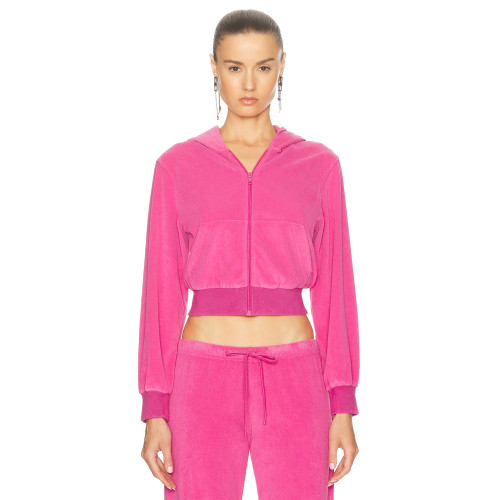 Women Custom OEM Logo velour tracksuit zip up pink hoodie joggers set rhinestone logo