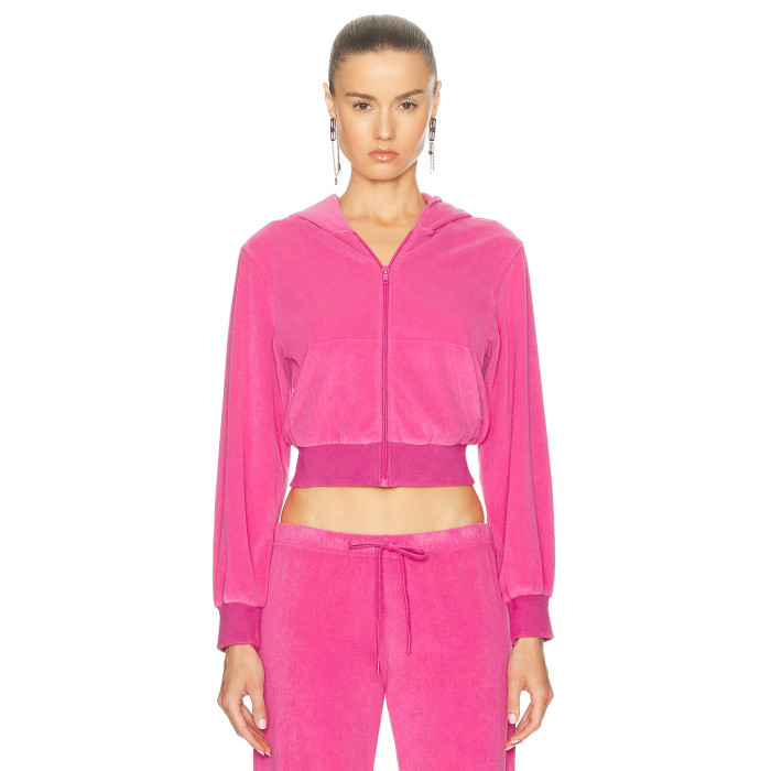 Women Custom OEM Logo velour tracksuit zip up pink hoodie joggers set rhinestone logo