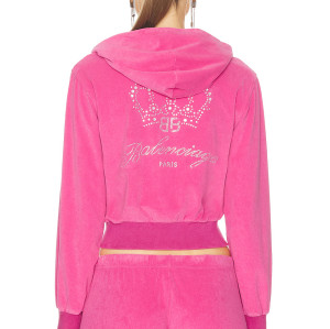 Women Custom OEM Logo velour tracksuit zip up pink hoodie joggers set rhinestone logo