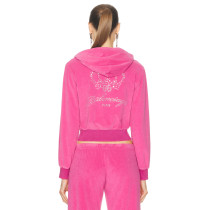 Women Custom OEM Logo velour tracksuit zip up pink hoodie joggers set rhinestone logo