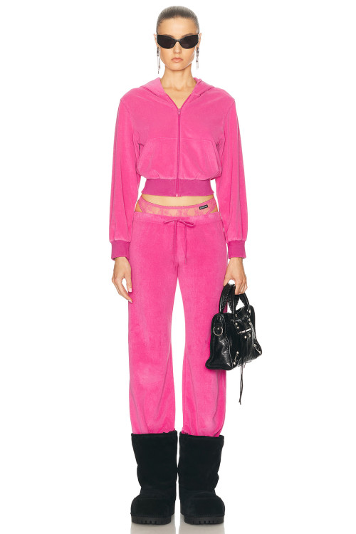 Women Custom OEM Logo velour tracksuit zip up pink hoodie joggers set rhinestone logo