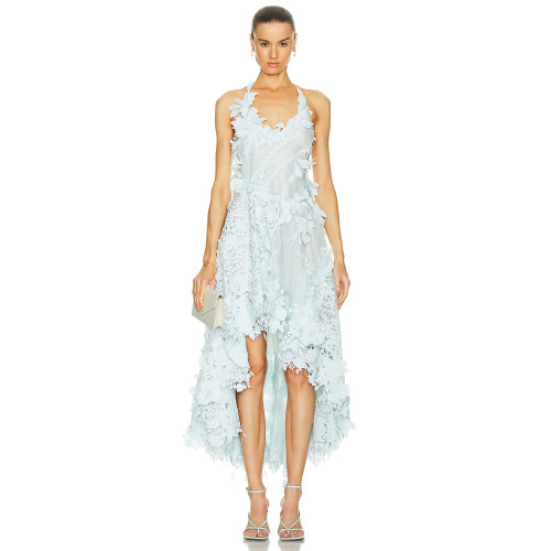 Spaghetti Strap High Low Natura Lasercut Halter Dress ligh blue Midi Lace Prom Dresses