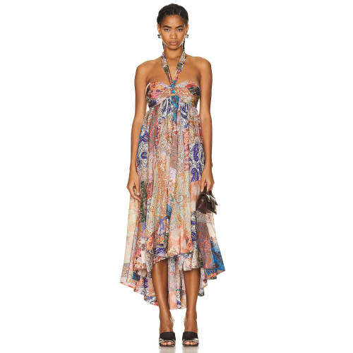 Summer women floral print  silk dress sleeveless backless high low Devi Halter Maxi Dress