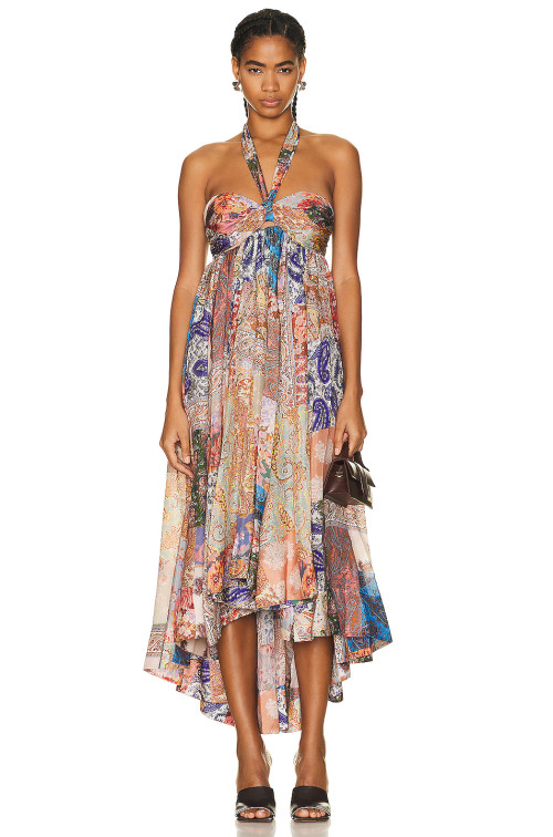 Summer women floral print  silk dress sleeveless backless high low Devi Halter Maxi Dress