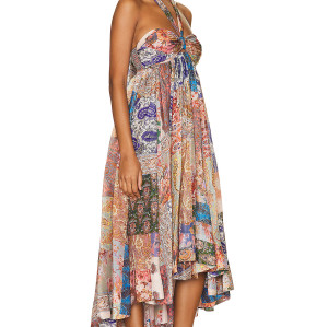 Summer women floral print  silk dress sleeveless backless high low Devi Halter Maxi Dress