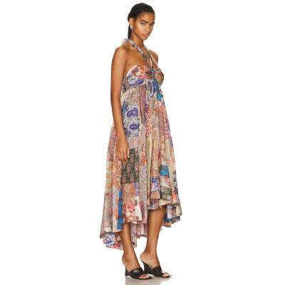 Summer women floral print  silk dress sleeveless backless high low Devi Halter Maxi Dress