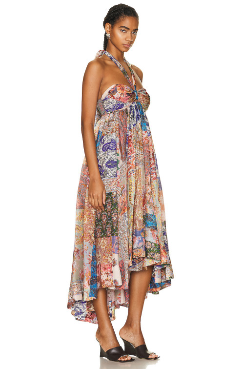 Summer women floral print  silk dress sleeveless backless high low Devi Halter Maxi Dress