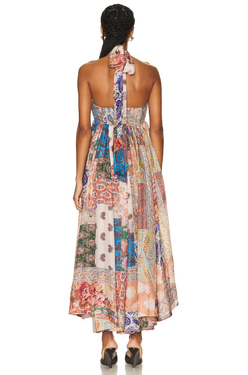 Summer women floral print  silk dress sleeveless backless high low Devi Halter Maxi Dress