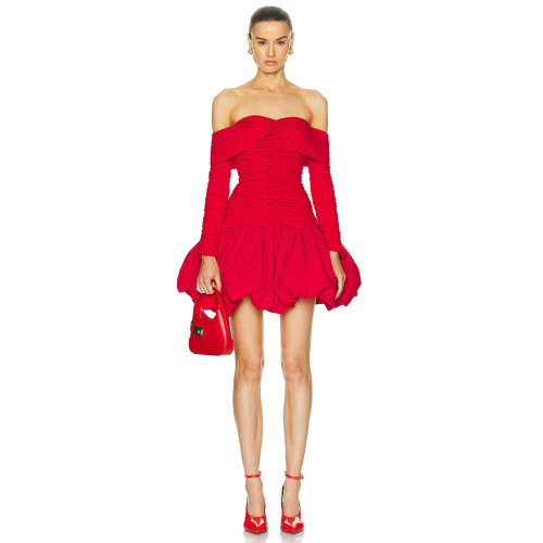 OEM Factory Off Shoulder Mini Dress Party 2024 High Waist Backless Bubble hem pleated Short Dress