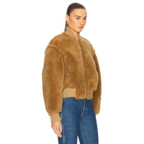 Full Sleeves Round Collar Zipper Front Luxury Baseball Jacket Custom Winter Women  Fur Coat