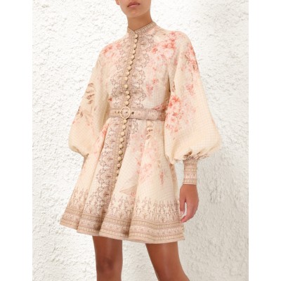 Elegant High-End Printed X-Line Dress European American Retro Vintage Stand Collar Single Breasted Long Sleeve for Sweet Button