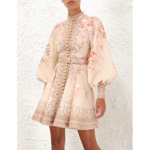 Elegant High-End Printed X-Line Dress European American Retro Vintage Stand Collar Single Breasted Long Sleeve for Sweet Button