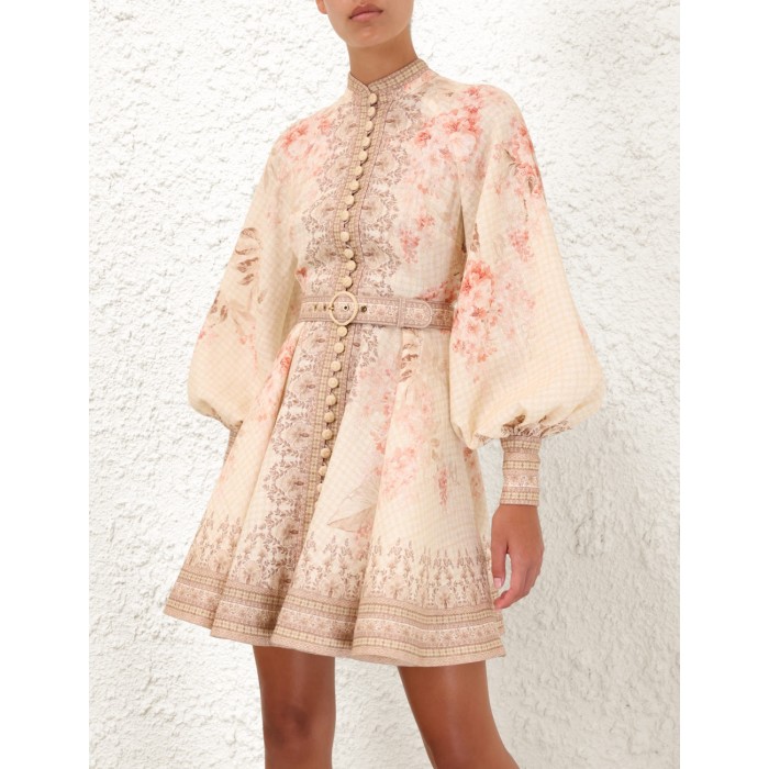 Elegant High-End Printed X-Line Dress European American Retro Vintage Stand Collar Single Breasted Long Sleeve for Sweet Button