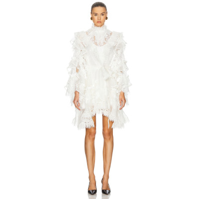 Custom Casual Fashion Luxury Ladies Lace Dress Women Long Sleeve Summer Short White Pleated Mini Dress