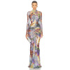 Waist Side and Back Cut Out  Crystal Embellished Front Knot Gown Women Long Sleeve Front Slit Maxi Dress