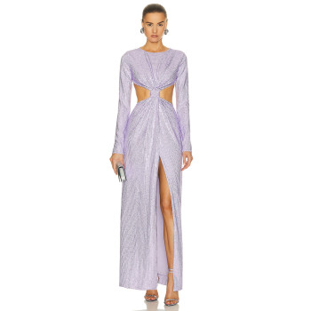 Waist Side and Back Cut Out  Crystal Embellished Front Knot Gown Women Long Sleeve Front Slit Maxi Dress