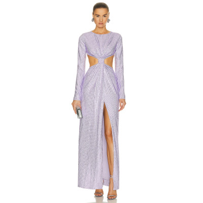 Waist Side and Back Cut Out  Crystal Embellished Front Knot Gown Women Long Sleeve Front Slit Maxi Dress