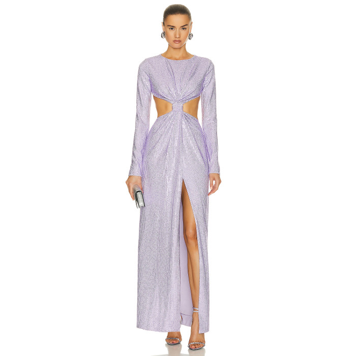 Waist Side and Back Cut Out  Crystal Embellished Front Knot Gown Women Long Sleeve Front Slit Maxi Dress