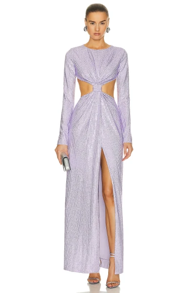 Waist Side and Back Cut Out  Crystal Embellished Front Knot Gown Women Long Sleeve Front Slit Maxi Dress