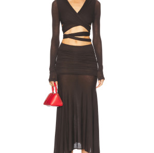 Women Long Sleeve Side Front Slit Maxi Mesh Dress Ladies Mesh Asymmetric Cut Out Ruched Gown