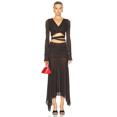 Women Long Sleeve Side Front Slit Maxi Mesh Dress Ladies Mesh Asymmetric Cut Out Ruched Gown