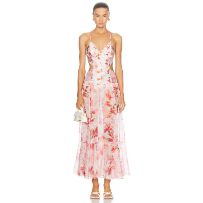 Waist Side and Back Cut Out Sexy Ruched GownWomen Deep V-Neck Sleeveless Lightweight Flower Print Dress