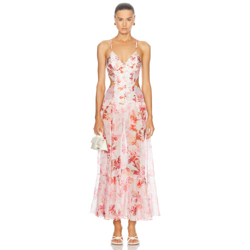 Waist Side and Back Cut Out Sexy Ruched GownWomen Deep V-Neck Sleeveless Lightweight Flower Print Dress