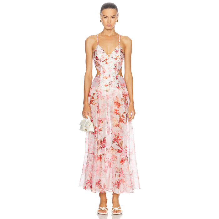 Waist Side and Back Cut Out Sexy Ruched GownWomen Deep V-Neck Sleeveless Lightweight Flower Print Dress