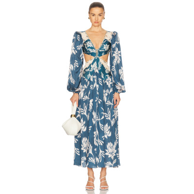 Waist Side and Back Cut Out Sexy Dresses Women Deep V-Neck Long Sleeves Lightweight Flowy Flower Dress