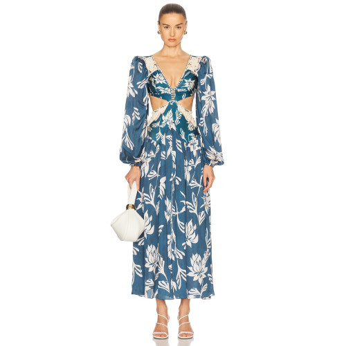 Waist Side and Back Cut Out Sexy Dresses Women Deep V-Neck Long Sleeves Lightweight Flowy Flower Dress