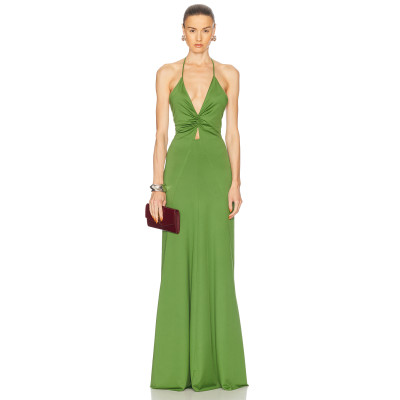 Waist Side and Back Cut Out Sexy Ruched GownWomen Deep V-Neck Sleeveless Lightweight Green Dress