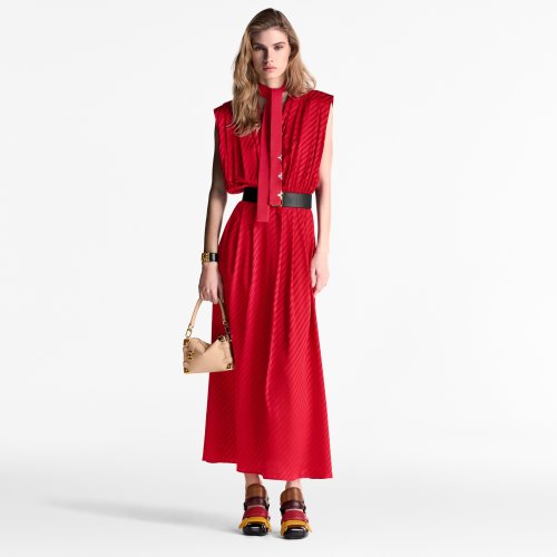 2025 Women Sweet Fashion Summer Dress Stand Collar Red Color Waistless Belt Long Pleated Dress for Ladies