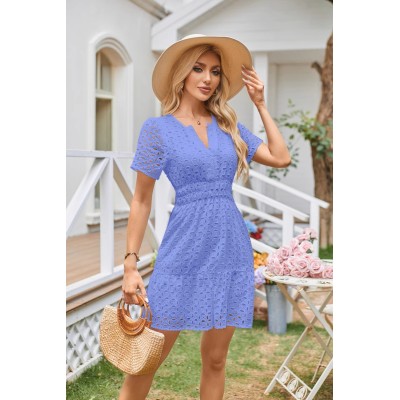 PRETTYGARDEN Womens 2025 Summer Short Dress V Neck Short Sleeve A Line Hollow Out Lace Ruffle Cute Casual Beach Party Dresses