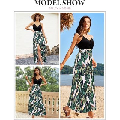 Newshows Women Summer 2025 Maxi Dress Vacation Floral Spaghetti Strap Spring Casual Boho Split Beach Long Flowy Sundress
