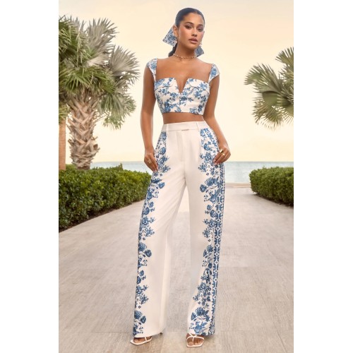 Women New casual holiday sleeveless crop top long pants sets eJumpsuits Blue Porcelain Print Wide Leg Trousers