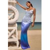 OEM Women Floral Print Bodycon Midi Dress Blue Ombre dip dye Satin Cowl Neck Strappy Maxi Dress