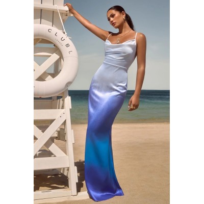 OEM Women Floral Print Bodycon Midi Dress Blue Ombre dip dye Satin Cowl Neck Strappy Maxi Dress