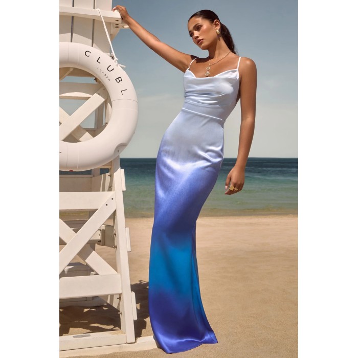 OEM Women Floral Print Bodycon Midi Dress Blue Ombre dip dye Satin Cowl Neck Strappy Maxi Dress