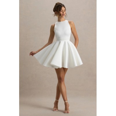 OEM manufacture custom  women fashion white printed Racer-Neck Sleeveless Skater Mini Dress
