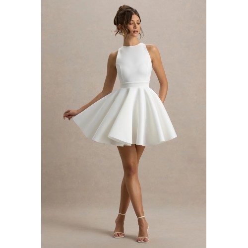 OEM manufacture custom  women fashion white printed Racer-Neck Sleeveless Skater Mini Dress