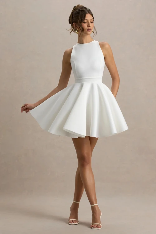 OEM manufacture custom  women fashion white printed Racer-Neck Sleeveless Skater Mini Dress