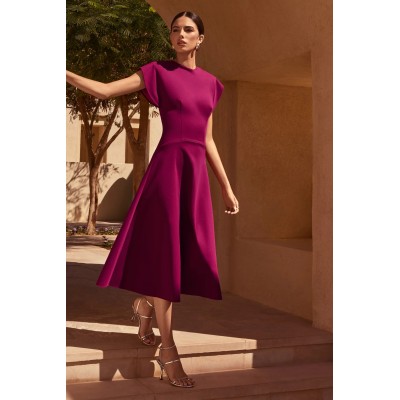 Women New Elegant Burgundy High-Neck Cap Sleeve Flared hem Midi Dress Burgundy Party Long Dresses