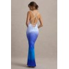 OEM Women Floral Print Bodycon Midi Dress Blue Ombre dip dye Satin Cowl Neck Strappy Maxi Dress