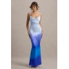 OEM Women Floral Print Bodycon Midi Dress Blue Ombre dip dye Satin Cowl Neck Strappy Maxi Dress